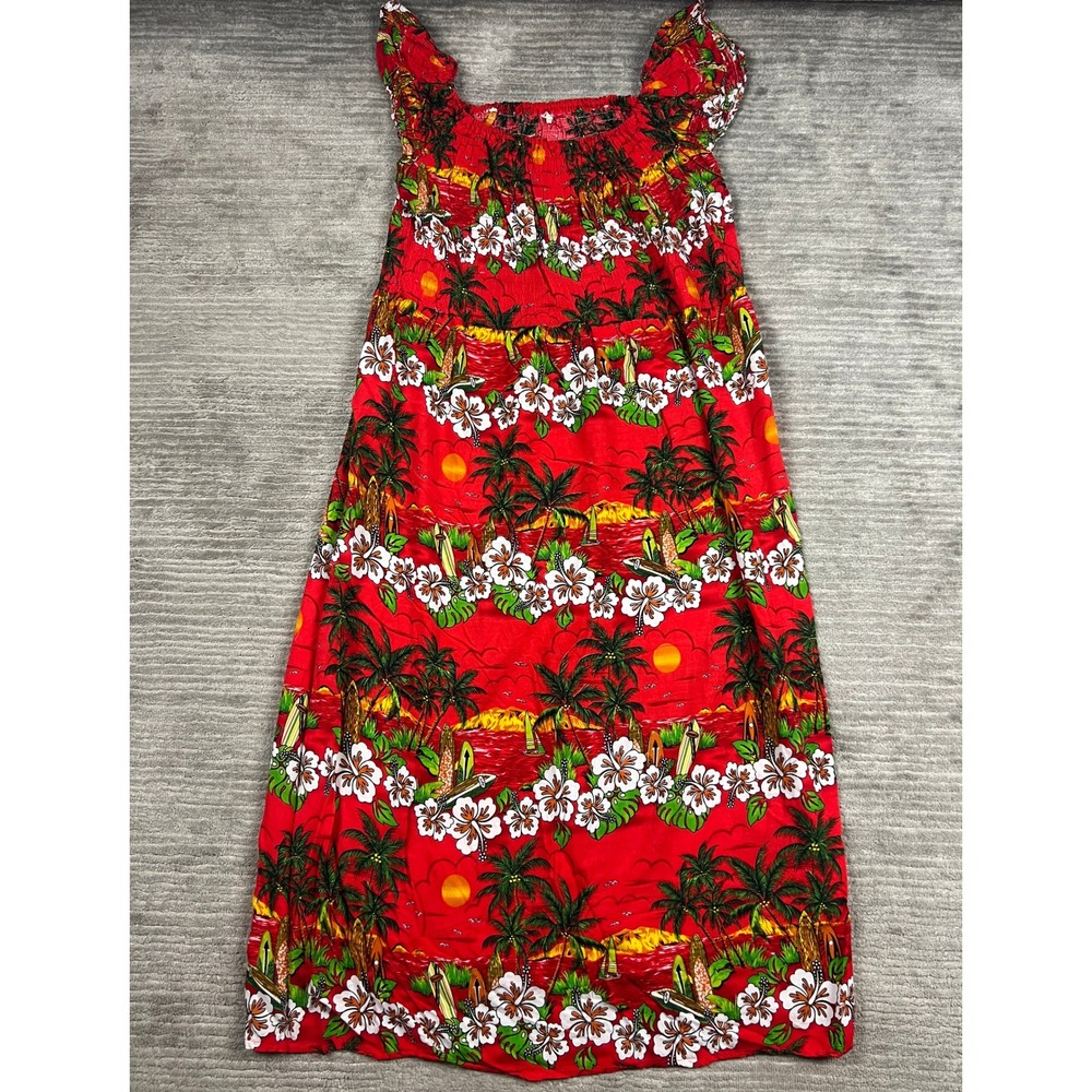 India Boutique Maxi Dress Womens OS Red Hawaiian Tropical Smocked Tiered Boho